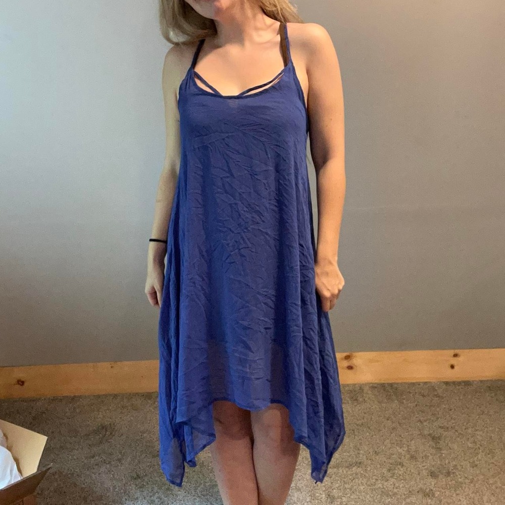 Y2K Whimsy Goth Fairy Core blue mini slip dress with asymmetrical hem, size L